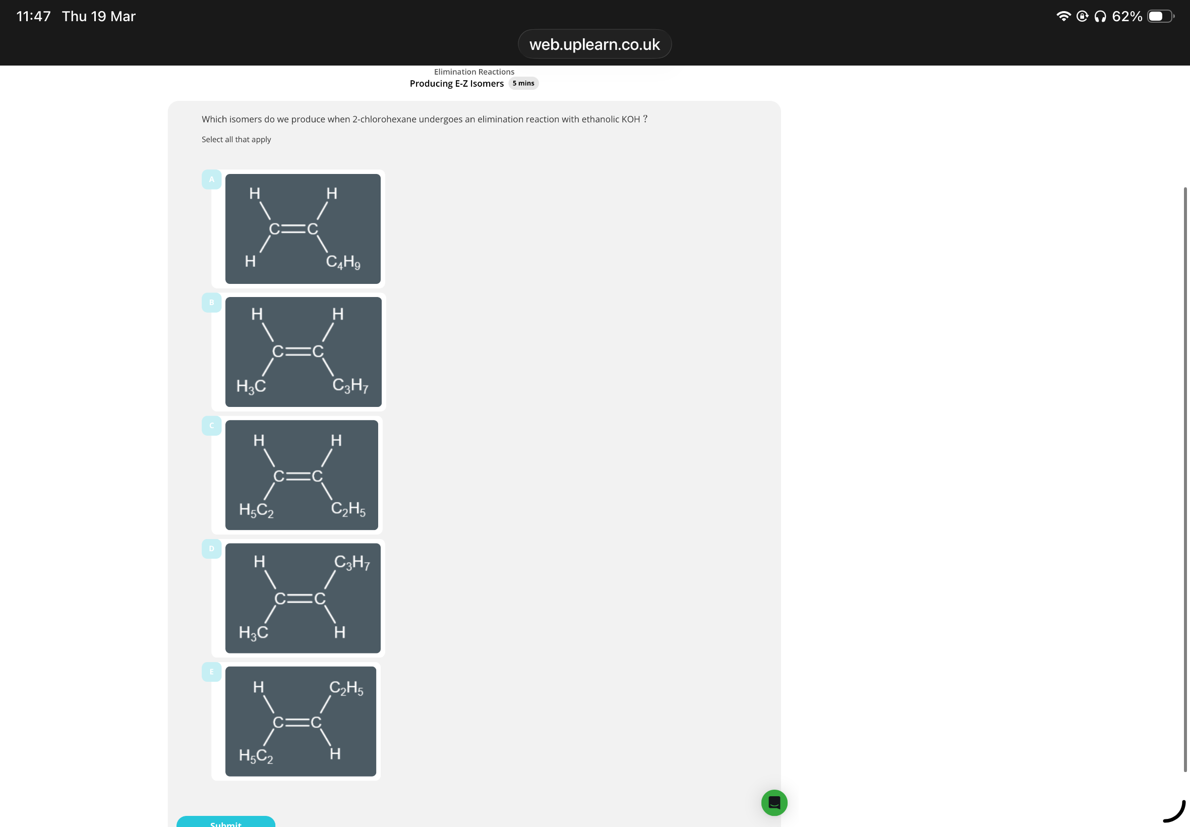 <ol><li><p>Answer image question?</p></li><li><p><span>During an elimination reaction, we can form up to two</span></p><p class="sc-ggWZvA sc-cKTanH iOhPCm PDnhW"><span>…3? isomers and at least one of these isomers can show</span></p><p class="sc-ggWZvA sc-cKTanH iOhPCm PDnhW"><span>…4? isomerism</span></p></li></ol><p></p>