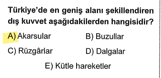 <p>Türkiye yarı kurak bir iklime sahip olduğu ve dağlık bir yapıda olduğu için her yerde akarsu veya sel suları aşındırma/biriktirme yapar.</p>