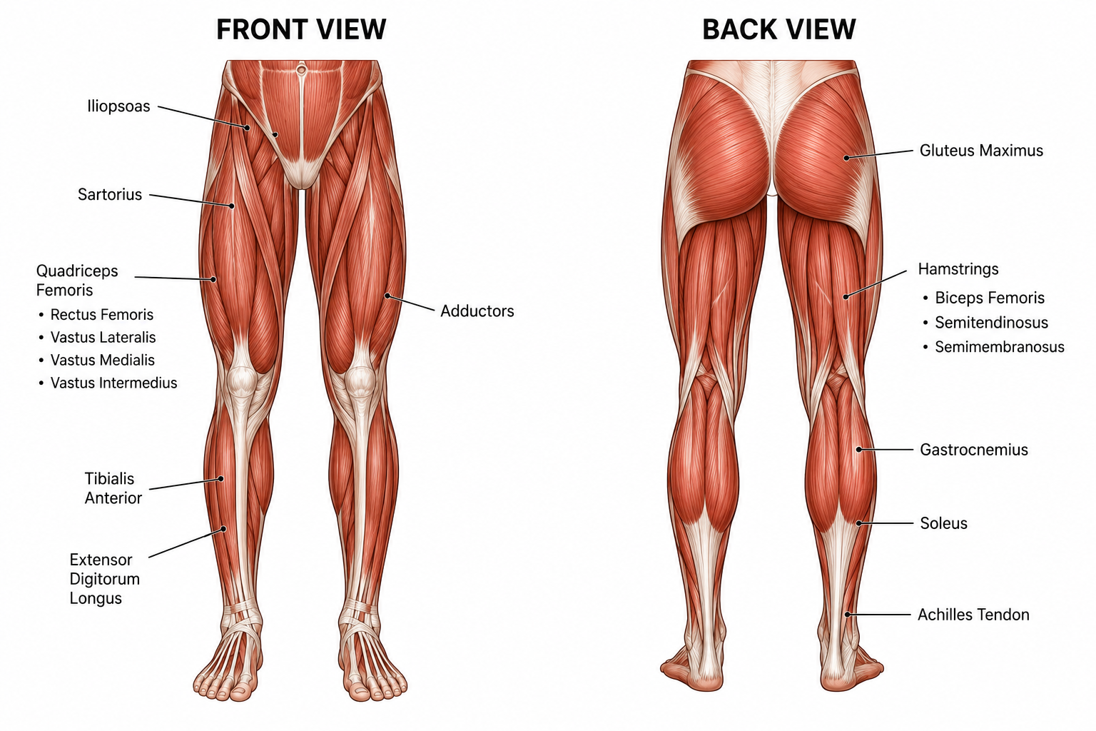 <p>Quadriceps → straightens the leg</p><p>Gluteus Maximus → largest muscle (hip movement)</p>