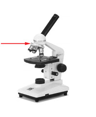 <p>contains the three to four objective lenses of the microscope, and is used to rotate the desired lens into place</p>