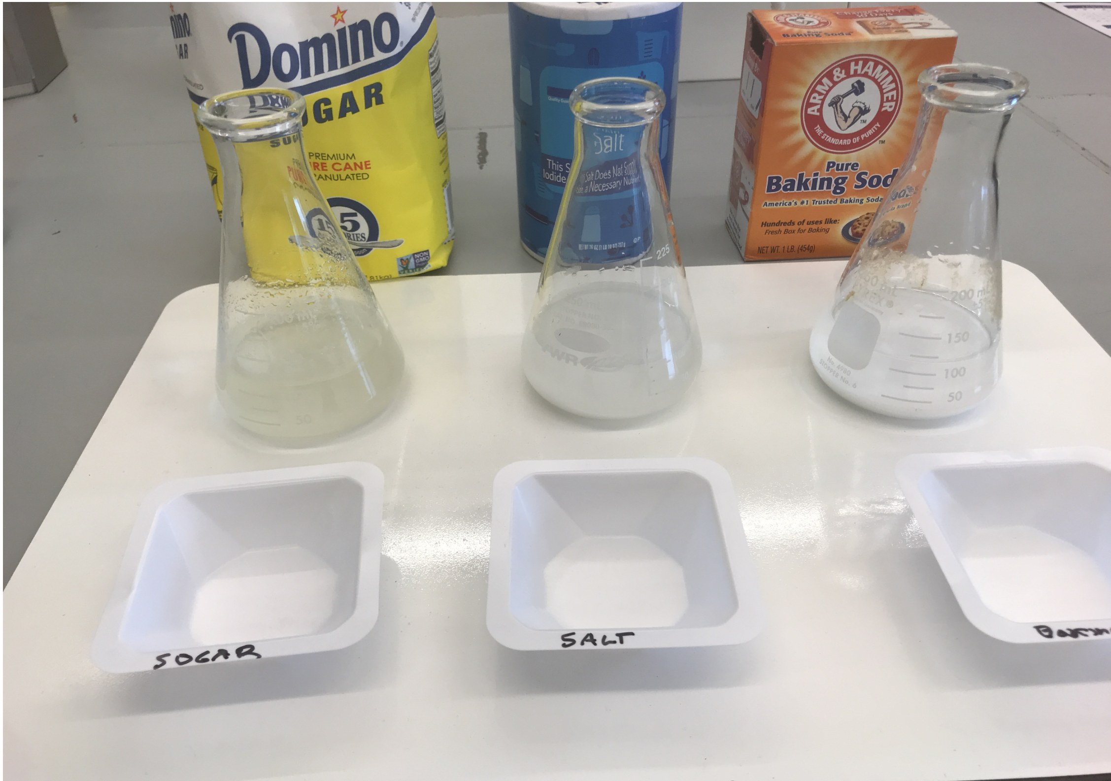 <ul><li><p><span><strong>Sugar &amp; Salt:</strong> These solids are denser than water. They sink and then dissolve, which increases the water's density.</span></p></li><li><p><span><strong>Baking Soda:</strong> This solid is denser than water and sinks to the bottom. It is less soluble than salt or sugar and often fails to dissolve completely.</span></p></li></ul><p></p>