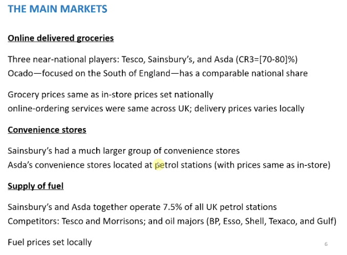 <p>Another main market the CMA analysed, was the online delivered market. Structured in a very different way, only three near national players. Morrisons wasn't a player. Market share of around 70-80%. Tesco's is twice the size of Sainsbury and Asda. The only other competitor is Ocado, but only operated in the south.</p><p>&nbsp;</p><p>Price set at national level, app and websites were consistent across the national level, but the delivery prices varied locally.</p><p>&nbsp;</p><p>Convenience - Sainsbury much larger than Asda. The few that Asda had were located in the petrol stations and located at the larger stores. Prices in convenience stores were at the same level as in store, and those were set at the national level, where Sainsbury they set prices in convenience stores not nationally, local level.</p><p>&nbsp;</p><p>Fuel - together operated just under 10%, competition very much at the local level, as prices set at this level</p>