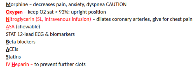 <p><strong>DX:</strong></p><ul><li><p><u>12 lead ECG!!!</u></p></li><li><p><u>Troponins</u> (now, 2hrs, and 4 hrs) (follow trend might not increase for a while)</p></li><li><p>chest x-ray</p></li></ul><p><strong>TX:</strong></p><p>Right away: <u>MONA</u> (Morphine, O2, Nitroglycerin (can give 1 up to 3x Q5mins), Aspirin(chewable))</p><p>Later on: BASH (Beta blockers, Ace inhibitors, Statins, <strong>IV Heparin)</strong></p><p></p>