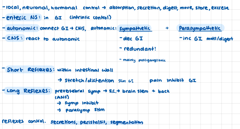 <p>enteric (intrinsic), autonomic (connect enteric to CNS) (symp/parasymp), CNS </p>