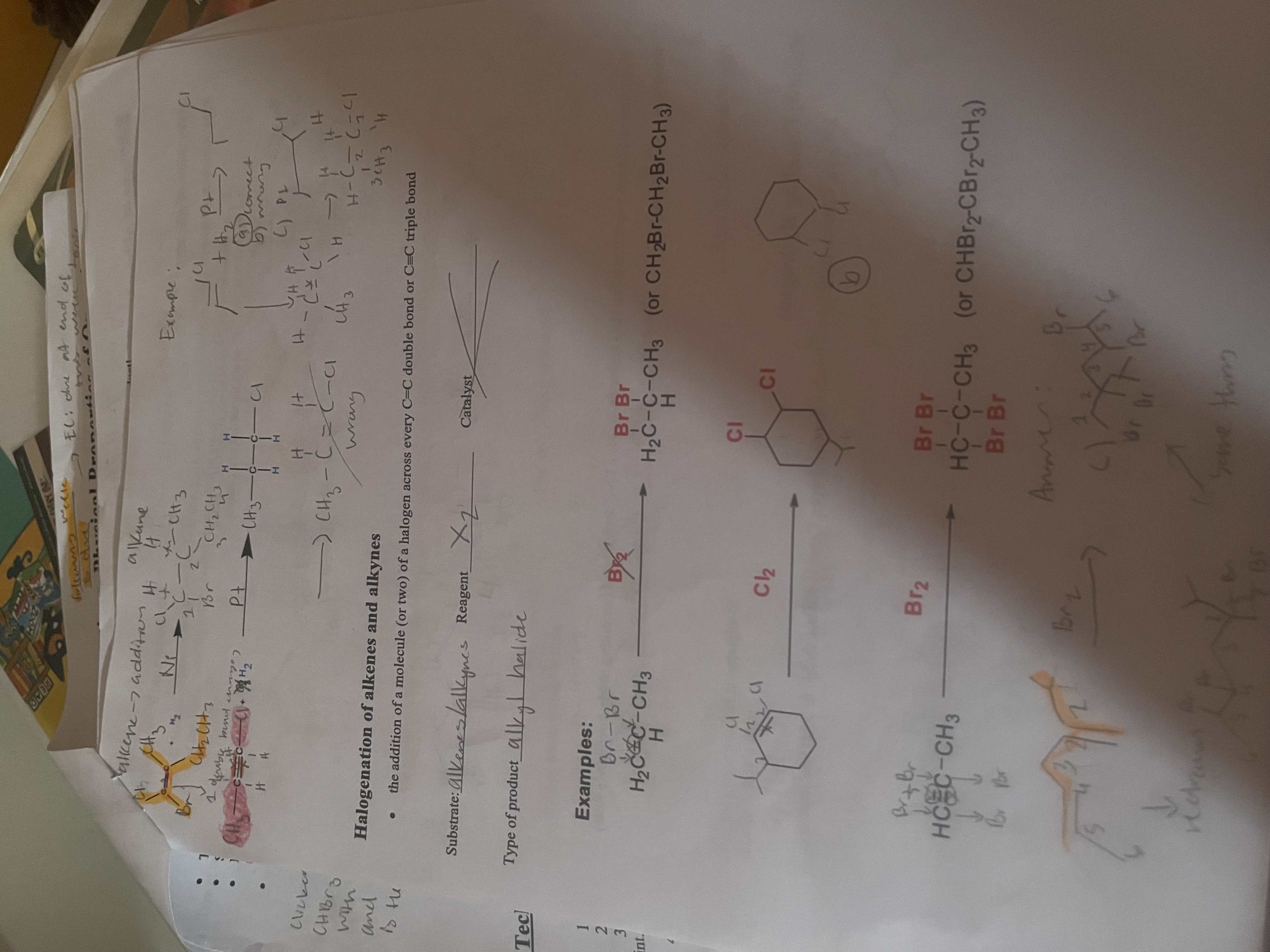 <ul><li><p>Type of reaction: addition</p></li><li><p>In hydrogenation reactions alkenes and alkynes, the multiple bonds converts to a single bond</p></li><li><p>Converting unsaturated organic molecules to saturate organic molecules by </p></li><li><p>A catalyst like Pt, Ni, or Pd speeds up the reacion</p></li></ul><p><u>Substrate: </u> alkene/alkyne (unsaturated), <u>Reagent</u>: hydrogen, <u>Catalyst</u>: either Pt, Ni, or Pd</p><p><u>Type of product</u>: alkane(saturated)</p><p>STUDY IMAGE WITH THE REST OF THE NOTES</p>
