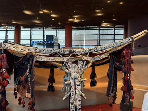 <p><span>Anonymous, beginning 20th century, Syria. Wool, wood, vegetal</span><br><span>fibers, shells, 125 x 380 x 75 cm. Quai Branly.</span></p>