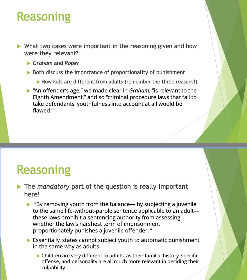 <p>They discuss <strong>proportionality of punishment</strong> and how <strong>kids are different from adults</strong>, meaning youthfulness must be considered when deciding harsh punishment.</p><ul><li><p>They emphasize the need for individualized sentencing for juveniles, considering their developmental differences and the constitutional implications of extreme punishments in light of the Eighth Amendment. </p></li></ul><p></p>