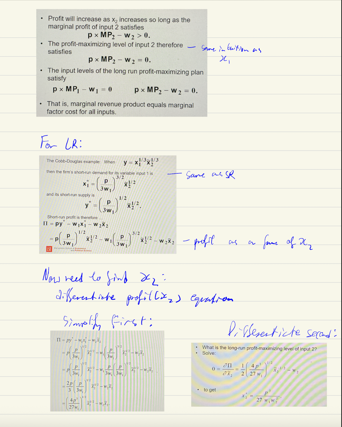 <p>choose x1 that max profits then find x2 thatll max profits.<br><br>Find X1* and Y, same as SR → then simplify SR profit equation → differentiate against X2 → solve for X2* → Plug X2* into Y to get Y*</p>