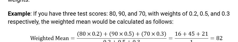 <p>different data values that have varying weights</p><ul><li><p>ex. syllabus hw/tests percentage weights</p></li></ul><p></p><p></p>