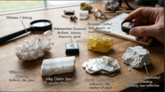 <p>What is the term/concept being visualized in this image?</p><p>Definition: Subdivided into vitreous/glassy (quartz, feldspar), adamantine (brilliant diamond spark), resinous, silky, pearly, or earthy/dull (kaolinite clay).</p>
