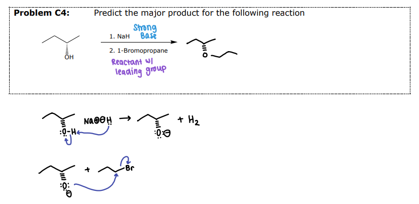 <p><strong>#1 Preparation of Ethers - ___________</strong></p><ul><li><p><strong>Step 1:</strong> Acid-Base Reaction</p></li><li><p><strong>Step 2:</strong> SN2 Reaction (fails with tertiary alkyl halides) </p><ul><li><p><span style="color: green;"><strong>Original stereochemistry of the alcohol is MAINTAINED </strong></span></p></li></ul></li></ul><p></p>