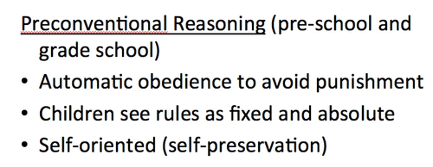 <p>Stage 1: </p><p>Punishment and Obedience Orientation </p><p>A child’s incentive to obey is to not be punished. </p><p>Explanation/Example</p><p>Did my mom say this is ok? What will happen if I take this cookie?</p><p>Stage 2: </p><p>Instrumental Purpose Orientation </p><p>behavior based on receiving rewards or satisfying personal needs</p><p>Explanation/Example</p><p>Is this self-serving? Can I do this without an adult knowing?</p>