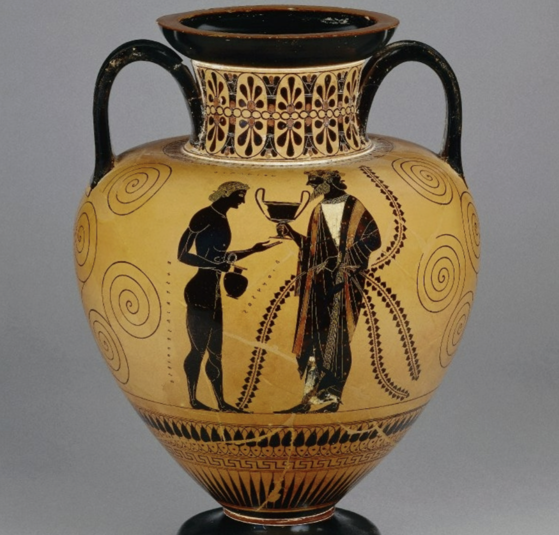 <p>Dionysos and his son Oinopion (Amphora, same as Achilles and Penthesilea)</p>