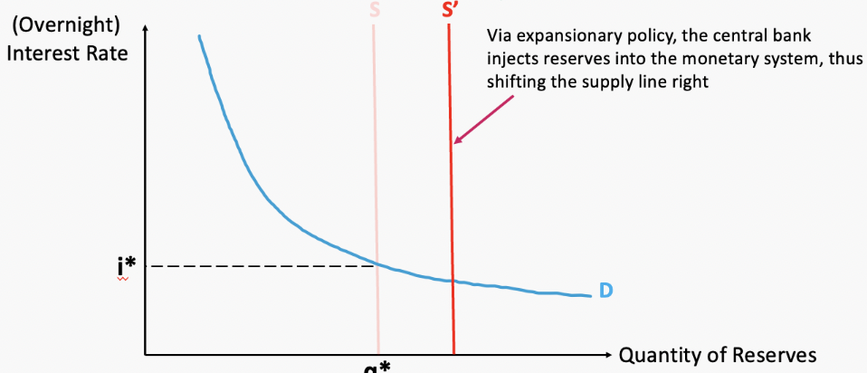 <ul><li><p>Via expansionary policy, the central bank injects reserves into the monetary system, thus shifting the supply line right</p></li><li><p>Given this change, the old interest rate i* is no longer the equilibrium value; why?</p></li><li><p>Because at the old interest rate, we have excess supply of reserves! I.e., banks just have too much liquidity / cash on hand.</p></li><li><p>Buying bonds raises their price and lowers the yield / interest rate, however, which increases demand for reserves since the opportunity cost falls!</p></li><li><p>Eventually, we arrive at a lower interest rate where demand is again equal to supply!</p></li></ul><p></p>