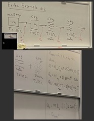 <p>FOCUS: at the end, we want a combination of water and steam.</p><p>1. Ice will heat until it gets to 0 °C.</p><p> * We need to add energy to go from -10 °C -> 0 °C.</p><p>2. At 0 °C, we need to melt the ice (the entire 5 kg).</p><p> - Stays at 0 °C (phase change).</p><p>3. We need to raise the temperature of water to 100 °C (bp), all of it (5 kg).</p><p>4. We need to add more energy to the water to get 2 kg of water at 100 °C + 3 kg of steam at 100 °C.</p><p> - To do this, we need to add a certain amount of energy: Q4.</p><p>3. Final answer: Q(total) -> Q(total) = Q1 + Q2 + Q3 + Q4</p><p>Q1: the energy required to go from -10 °C -> 0 °C</p><p> * 5 kg -> 5 kg, without phase changes -> Q = mcΔT</p><p> * ΔT = 10</p><p> => 10 °C = 10 °K -> don't need to convert.</p><p>Q2: when the ice is at 0 °C, melting to water at 0 °C</p><p> * Q = mL (phase change)</p><p> * We're converting the entire 5 kg of ice -> 5 kg water.</p><p>Q3: we're raising the temperature from 0 °C -> 100 °C</p><p> * 5 kg water -> 5 kg water</p><p> * As the water is going up from 0 °C -> 100 °C, we still have water at 100 °C (no phase change).</p><p> - Q = mcΔT</p><p> * c = the specific heat capacity of water.</p><p>Q4: when we have 5 kg of water at 100 °C, and then boil 3 kg out of 5kg to make steam, leaving 2 kg of water left.</p><p> * When we add energy, we don't want to boil all of it - we want to keep 2 kg of water.</p><p> * The temperature isn't changing, only a phase change is happening -> Q = mL</p><p> - L depends on the material undergoing the phase change.</p><p> - What "m" value do we use in this calculation? 5, 3, or 2 kg?</p><p> => 3 kg is undergoing the phase change. We're boiling 3 kg of water to make 3 kg of steam, so m = 3 kg.</p><p> - L of Q4 = L(v)</p>