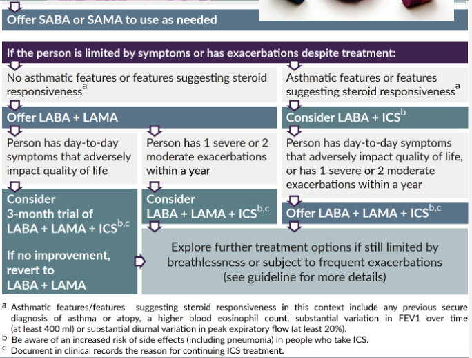 <p><span><span>Inhaled therapy:</span></span></p><ul><li><p><span><span>Short-acting B2 agonists PRN</span></span></p></li><li><p><span><span>LABA, LAMA or LABA/LAMA</span></span></p></li><li><p><span><span>If 2 exac / year, or one hospital admission – start ICS/LABA. Not ICS monotherapy</span></span></p></li><li><p><span><span>If persistent sx / exac – triple therapy</span></span></p></li><li><p><span><span>Consider nebulizer therapy</span></span></p></li><li><p><span><span>Oral methylxanthines (e.g. theophyllines)</span></span></p></li><li><p><span><span>Oral steroids</span></span></p></li><li><p><span><span>Mucolytics</span></span></p></li></ul><p><span><span>→ Nebs – if pt unable to use inhalers / disabled or distressed with SOB despite maximal inhaler therapy. Significant placebo effect</span></span></p><p style="text-align: left;"><span><span>→ Theophyllines – only continue if sx improve. Method of action is unclear – may have anti-inflammatory effect. Care regarding therapeutic/toxic levels (esp in elderly)</span></span></p><p style="text-align: left;"><span><span>→ Carbocisteine: 4 week trial period. Meta-analyses – cause significant decrease in number of COPD exac and decrease number of days of disability (may only apply if not on ICS). Worth trying in mod to severe COPD with severe / prolonged exac, or those repeatedly hospitalized. Caution in peptic ulcer disease</span></span></p>