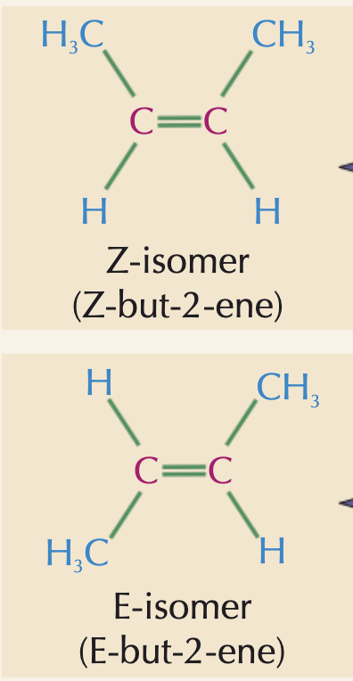 <p>Z- isomers have the same/ the same priority groups on the same side of the double bond (top or bottom)</p><p>E-isomers have the same / the same priority groups on different sides of the double bond</p>