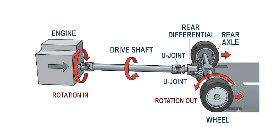 <p>The connecting component that carries torque and transmits rotation. Gears on the axle allow the vehicle to make turns. Axle shafts turns the wheels. The wheels on vehicles turn in three different ways. Rear-wheel drive, Front-wheel drive, and All-wheel drive (four-wheel drive).</p>