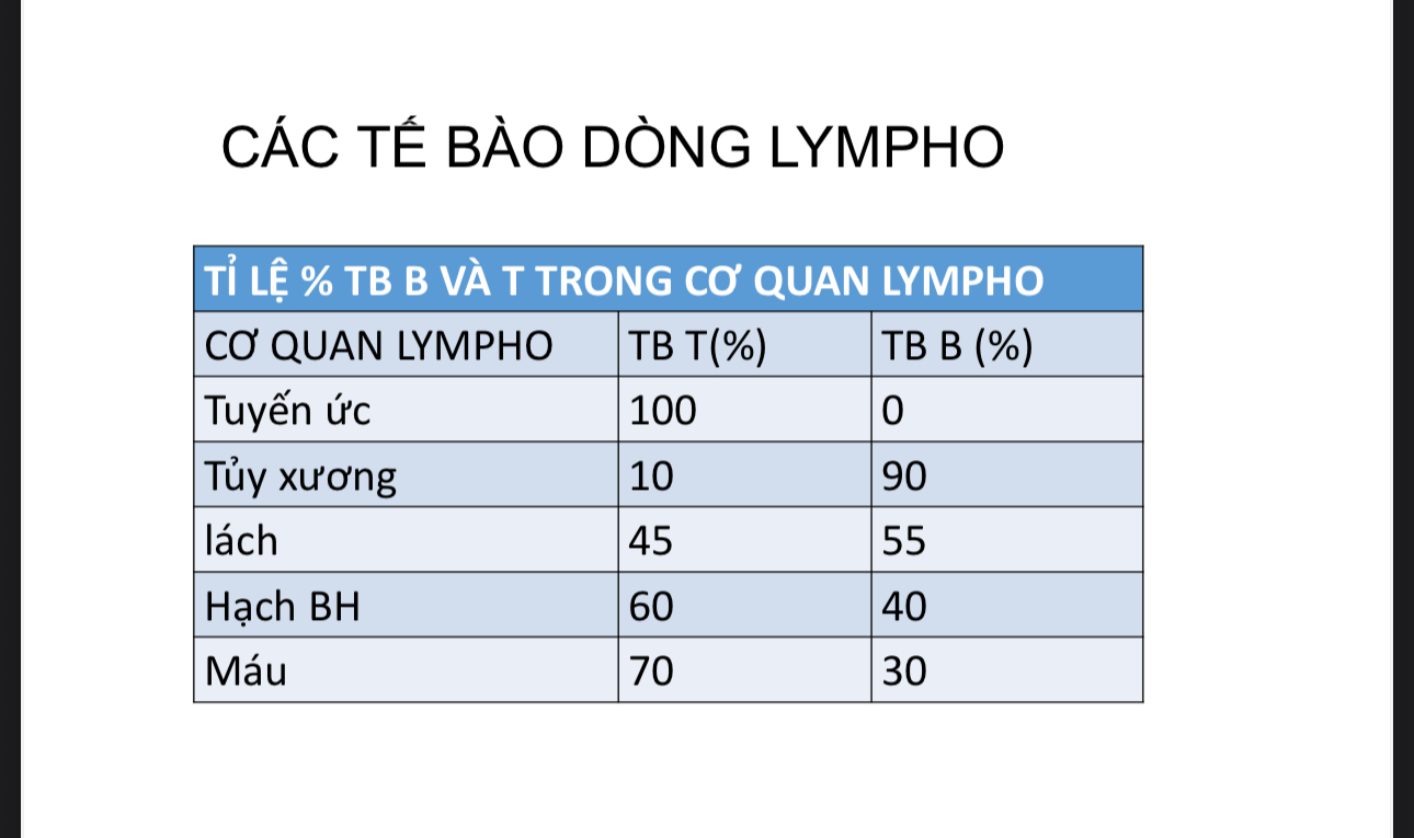 <p>Nhớ bảng để biết cơ quan nào nhiều B hơn hay nhiều T hơn</p>