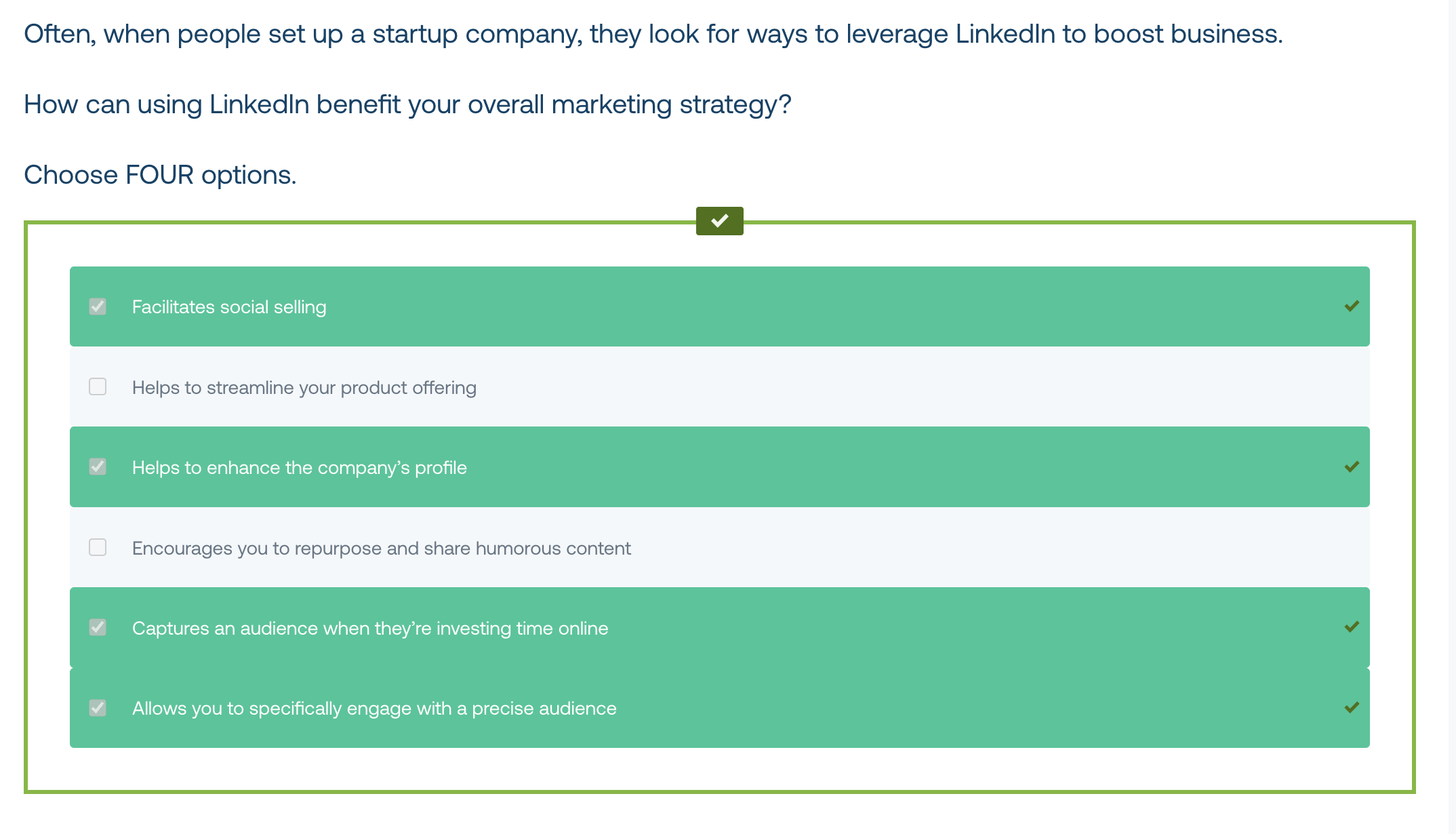 <p>Captures an audience when they’re investing time online</p><p>Helps to enhance the company’s profile</p><p>Allows you to specifically engage with a precise audience</p><p>Facilitates Social Selling</p>