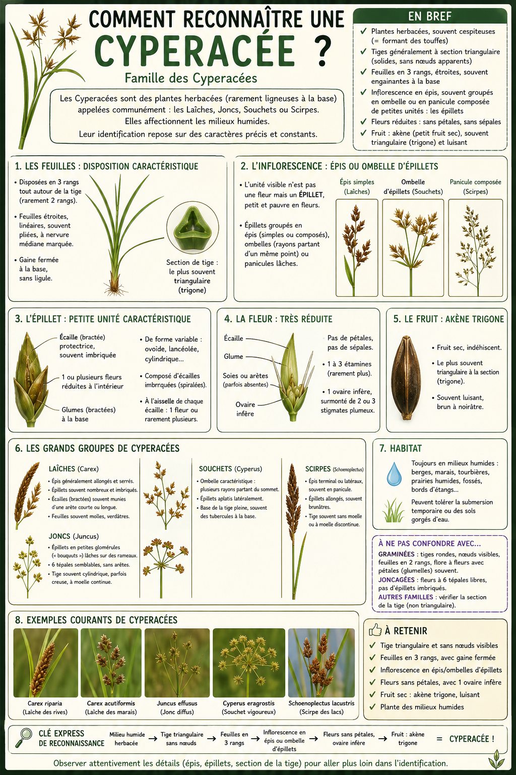 <p>Les Cyperaceae sont des monocotylédones souvent confondues avec les graminées, mais elles ont des critères très distinctifs. Le premier élément clé est la tige : elle est pleine et de section triangulaire, ce qui est un critère majeur (contrairement aux Poacées qui ont une tige creuse et ronde).</p><p>Les feuilles sont linéaires, disposées sur trois rangs (tristiques), avec une gaine fermée autour de la tige (autre critère important). Elles ressemblent à celles des joncs ou des graminées mais sont souvent plus rigides.</p><p>Les fleurs sont très petites, peu visibles, sans périanthe développé (pas de vrais pétales ni sépales), et chacune est protégée par une glume. Elles sont regroupées en épillets, eux-mêmes organisés en inflorescences plus complexes.</p><p>Le fruit est un akène.</p><p>Résumé : “tige triangulaire pleine + feuilles en 3 rangs + pas de ligule (contrairement aux Poacées) = Cyperaceae”.</p>