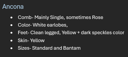 <p>Breed: Anacona</p><p>Variety: Mottled</p>