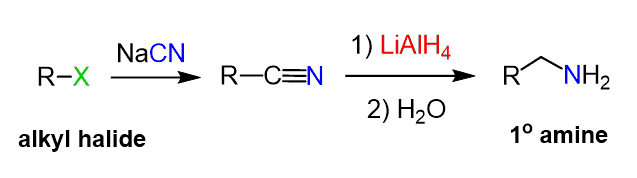 <ul><li><p>Use NaCN/Sn2 (This makes C-N bond) —></p></li><li><p>Use 1. xs LAH/ 2. H2O (This makes RNH2) —></p></li></ul><p></p>