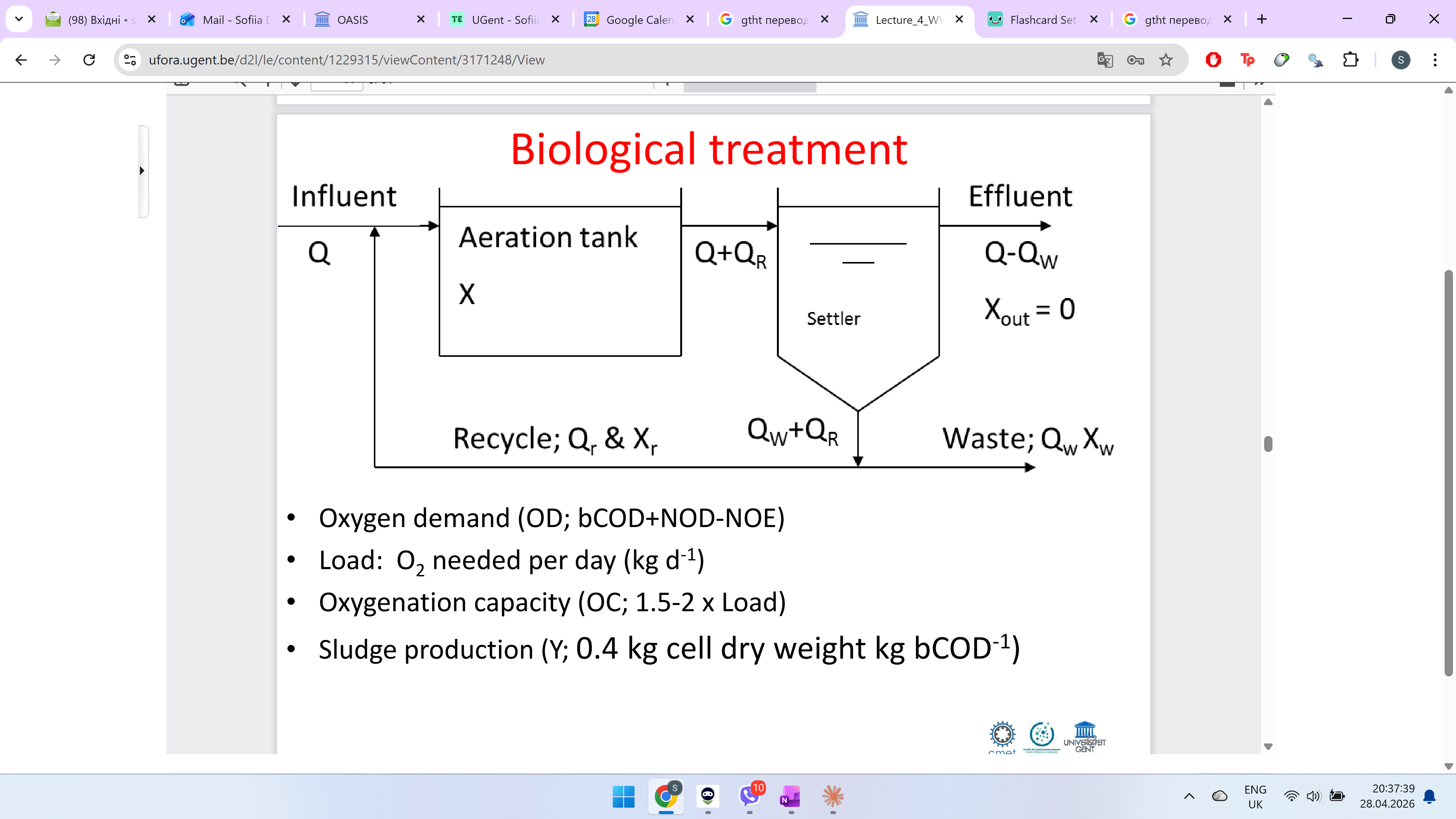 <p>Oxygen demand (OD;bCOD+NOD-NOE) - total oxygen demand in aeration tank.</p><p>!NOE is subtracted because denitrifying bacteria use nitrate as their oxygen source — so you need to pump <strong>less air</strong> into the tank.</p><p><strong>OC</strong> =what your aerators/pumps must actually deliver, always install more aeration capacity than needed</p><p>For every kg of organic pollution eaten, bacteria produce <strong>0.4 kg of new biomass (sludge).</strong></p>