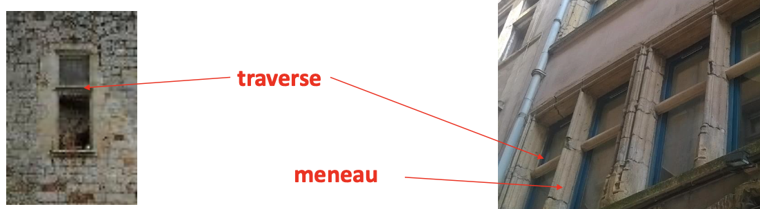 <p><strong>Meneau</strong> — élément vertical qui divise une fenêtre ou une baie en plusieurs parties.</p><p class="p1"><strong>Traverse</strong> — élément horizontal qui divise une fenêtre ou une baie en plusieurs niveaux ou sections.</p>