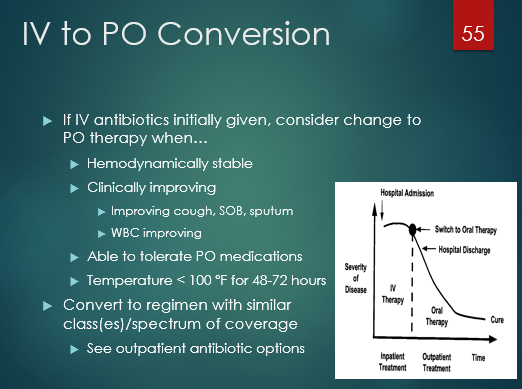 <p>hemodynamically stable (BP, HR normal)</p><p>clinically improving (sx improving, WBC improving)</p><p>obv can tolerate PO</p><p>temp <100 for 48-72h</p><p></p>