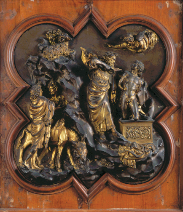 <p>Lorenzo Ghiberti, baptistery, Florence, Italy,1401–1402, gilded bronze relief </p><p>-also doesn’t depict the bible </p><p>-Smooth, idealized bodies inspired by ancient Greek and Roman art</p><p>-Demonstrates advanced skill in gilded bronze relief</p><p>-The beginning of Renaissance sculpture</p>