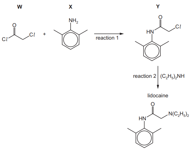 <p>Lidocaine is used as an anaesthetic. A synthesis of lidocaine is shown.</p><p>W can be formed by reacting HOCH<sub>2</sub>COOH with an excess of SOCl<sub>2</sub>, PCl<sub>5</sub>, or PCl<sub>3</sub>.</p><p>Write equations for these reactions. <strong>[3]</strong></p>