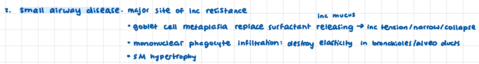 <p>bronchioles <2mm, major site of resistance, goblet cell replace surfactant cells, <strong>mononuclear phagocytes destroy elasticity</strong>, smooth muscle hypertrophy</p>