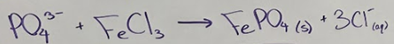 <p>phosphate + ferric = precipitate (settled in secondary sludge) + aqueous Cl</p>