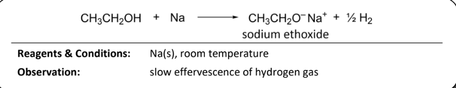 <p>RnCs: Na(s0, room temperature</p><p>Observations: slow effervescence of hydrogen gas</p>