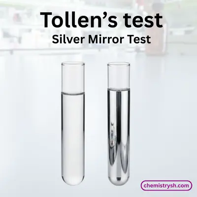 <p>Warming with <strong>Tollens’ reagent</strong> (some silver nitrate + ammonia sol). A <mark data-color="#756d6d" style="background-color: rgb(117, 109, 109); color: inherit;">silver mirror </mark>forms on the inner wall of the test tube</p>