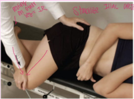 <p></p><ul><li><p><strong>How:</strong> Patient side-lying with the test hip <strong>flexed to 60°, adducted, and internally rotated (FAIR position)</strong>. Stabilize the pelvis and apply <strong>downward pressure to the knee</strong>.</p></li><li><p><strong>Positive:</strong> <strong>Pain in the piriformis muscle</strong>, indicating <strong>piriformis tightness</strong>. If the piriformis compresses the sciatic nerve, the patient may also have <strong>buttock pain and sciatica</strong>.</p></li></ul><p></p>
