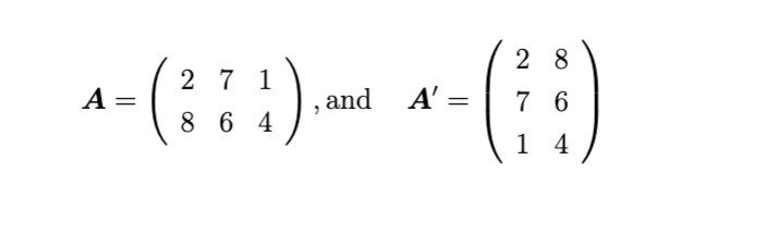 <p>The first row of a matrix becomes the first column of the transpose matrix, the second row of the matrix becomes the second column of the transpose, etc.</p>