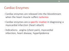 <p>chemicals released into the blood when heart is damaged</p><p>blood is measured to look for MI</p>