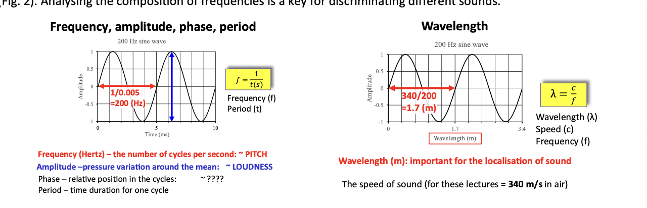 <ul><li><p>important for the localisation of sound</p></li><li><p>lambda = c/f</p></li></ul><p></p>