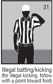 Signal 31 (For illegal kicking, follow with point to foot)