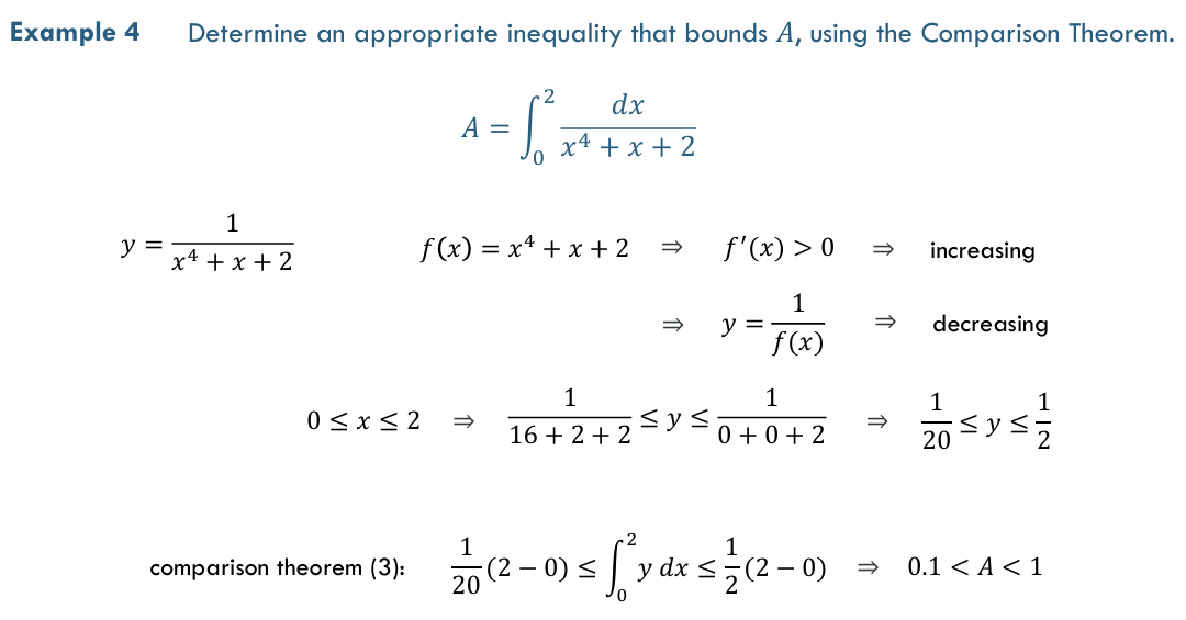 <p>Min-Max Bounding Method:</p><p>S = ∫[a to b] f(x) dx with f(x) contiunous on [a,b]</p><ol><li><p>Identify the integrand i.e. f(x) = (the integrand)</p></li><li><p>Find where f(x) is largest and smallest on the interval</p><ul><li><p>Check if f(x) increasing or decreasing</p></li><li><p>OR evaluate f(a) and f(b) if monotonic (always increasing/decreasing)</p></li></ul></li><li><p>Use the bounding inequality<br>min f(x) (b - a) ≤ ∫[a to b] f(x) dx ≤ max f(x) (b - a)</p></li><li><p>Substitute in the values for min/max f(x) - compute the bounds</p></li></ol><p></p>