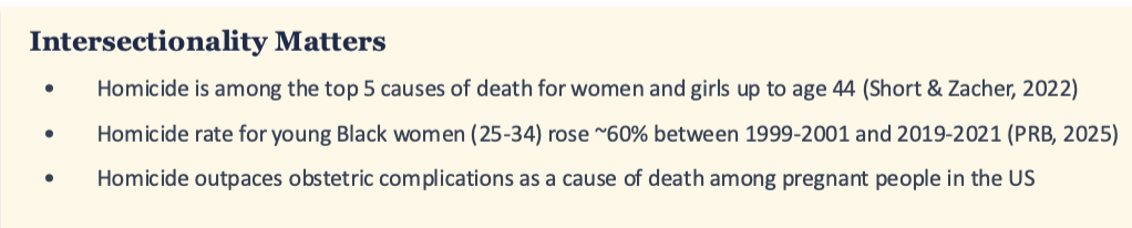 <p>violence can occur at any age, with any gender, in many situations and Intimate partner violence is more common in women but an equal problem in men, which can lead to injuries, unwanted pregnancy, STIs, depression, disability, and death</p><ul><li><p>Risk factors → low SES, young age of male partner, gender inequality, substance use</p></li></ul><p></p>