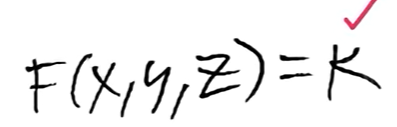 <p>A function of three variables set equal to a constant; F(x, y, z) is called w; k is a constant; a level surface is the intersection of the “hyperplane” w = k</p>