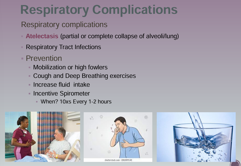 <ul><li><p>Mobilization/High Fowlers</p></li><li><p>Cough and Deep Breathing</p></li><li><p>Fluid increase</p></li><li><p>incentive spirometer</p></li></ul><p></p>