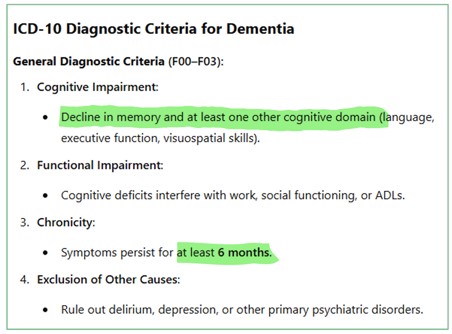 <ul><li><p>Decline in recent memory, thinking and judgement, orientation, language, </p></li><li><p>Impairment in abstract thinking </p></li><li><p>Patients often appear apathetic or disinterested, but may appear alert and appropriate despite poor memory, </p></li><li><p>Decline in everyday functioning (dressing, washing, cooking), </p></li><li><p>Personality change: Loss of emotional control, patients may be easily upset, tearful or irritable. </p></li><li><p>Common in older patients, very rare in youth or middle age</p></li></ul><p></p>