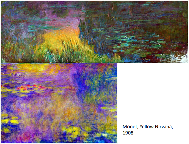 <p><strong>Identification:</strong></p><ul><li><p>Artist: Monet</p></li><li><p>Title: <em>Yellow Nirvana</em></p></li><li><p>Date: 1908</p></li><li><p>Movement: Late Impressionism</p></li></ul><p><strong>Historical Context:</strong></p><ul><li><p>The painting belongs to Monet’s later period, when his work became more focused on personal experience and perception.</p></li><li><p>His eyesight was beginning to decline, which may have influenced the stronger, more intense use of color.</p></li><li><p>The title “Nirvana” suggests an interest in ideas of spiritual transcendence and inner reflection</p></li></ul><p><strong>Style:</strong></p><ul><li><p>The painting uses vivid, dominant color, especially yellow tones.</p></li><li><p>Forms are less clearly defined, moving toward abstraction.</p></li><li><p>The image becomes more immersive, focusing on overall visual sensation rather than distinct objects.</p></li></ul><p><strong>Themes:</strong></p><ul><li><p>The work reflects a sense of <strong>spiritual contemplation</strong>, suggested by the idea of “nirvana.”</p></li><li><p>It emphasizes the experience of looking rather than the subject itself.</p></li><li><p>The painting can be seen as a personal, meditative space for the artist.</p></li><li><p>It shows a shift toward abstraction, where color and perception become more important than form.</p></li></ul><p></p>