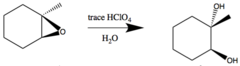 <p>OH and OH add anti.</p><p>Solvent is H2O.</p><p>with trace HClO4</p>