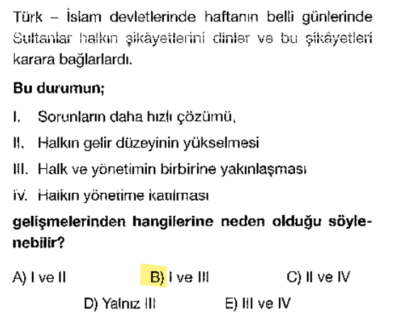 <p>Bu uygulama (Divan-ı Mezalim gibi) sorunların <strong>hızlı çözülmesini</strong> sağlar ve <strong>halk ile yönetimi birbirine yaklaştırır</strong>. Ancak bu, halkın yönetime katıldığı (demokrasi) veya zenginleştiği anlamına gelmez.</p>