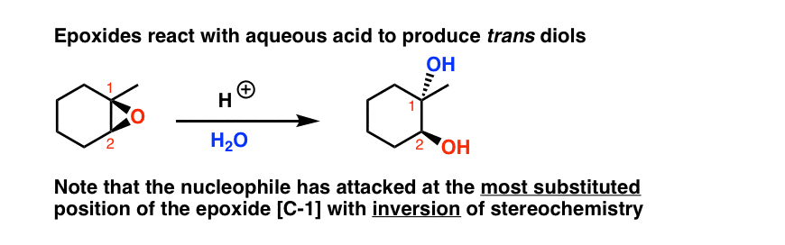 <p>Epoxide → anti-1,2-Diol using H₃O⁺/H₂O. Markovnikov regiochemistry; nucleophile attacks more substituted C.</p>